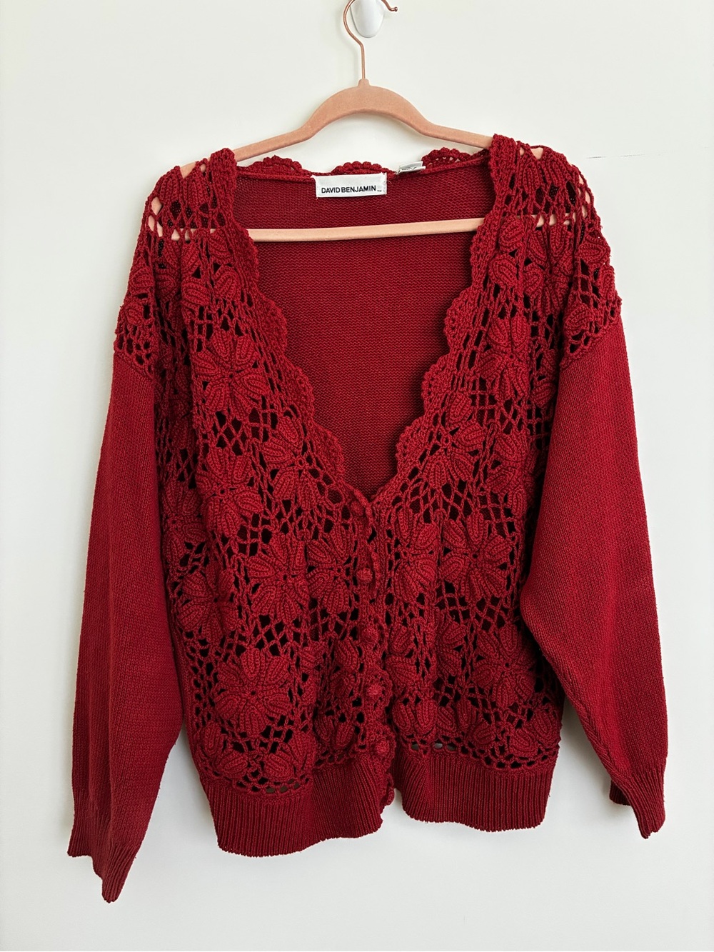 David Benjamin Vintage Red Crochet-Front Button Down cardigan sweater